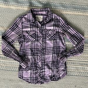 purple and black flannel shirt
